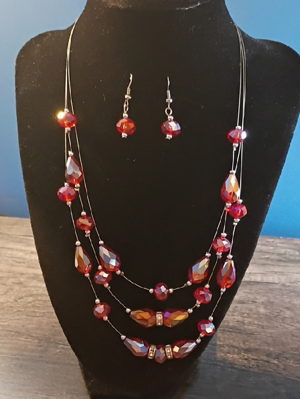 Multi-Strand Red Crystal Necklace and Earring Set